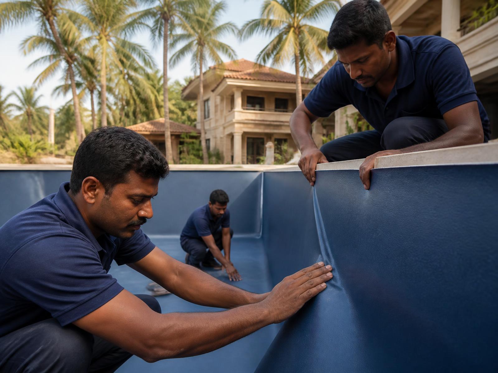Craftsman hot-air welding a reinforced PVC pool liner