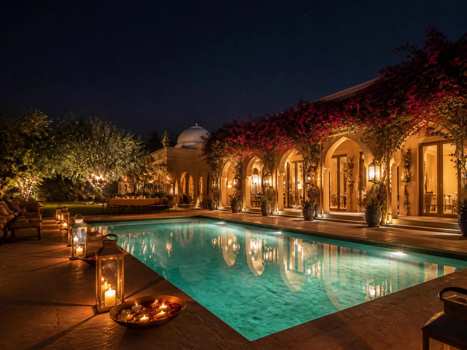 Villa pool lit at night with underwater lighting
