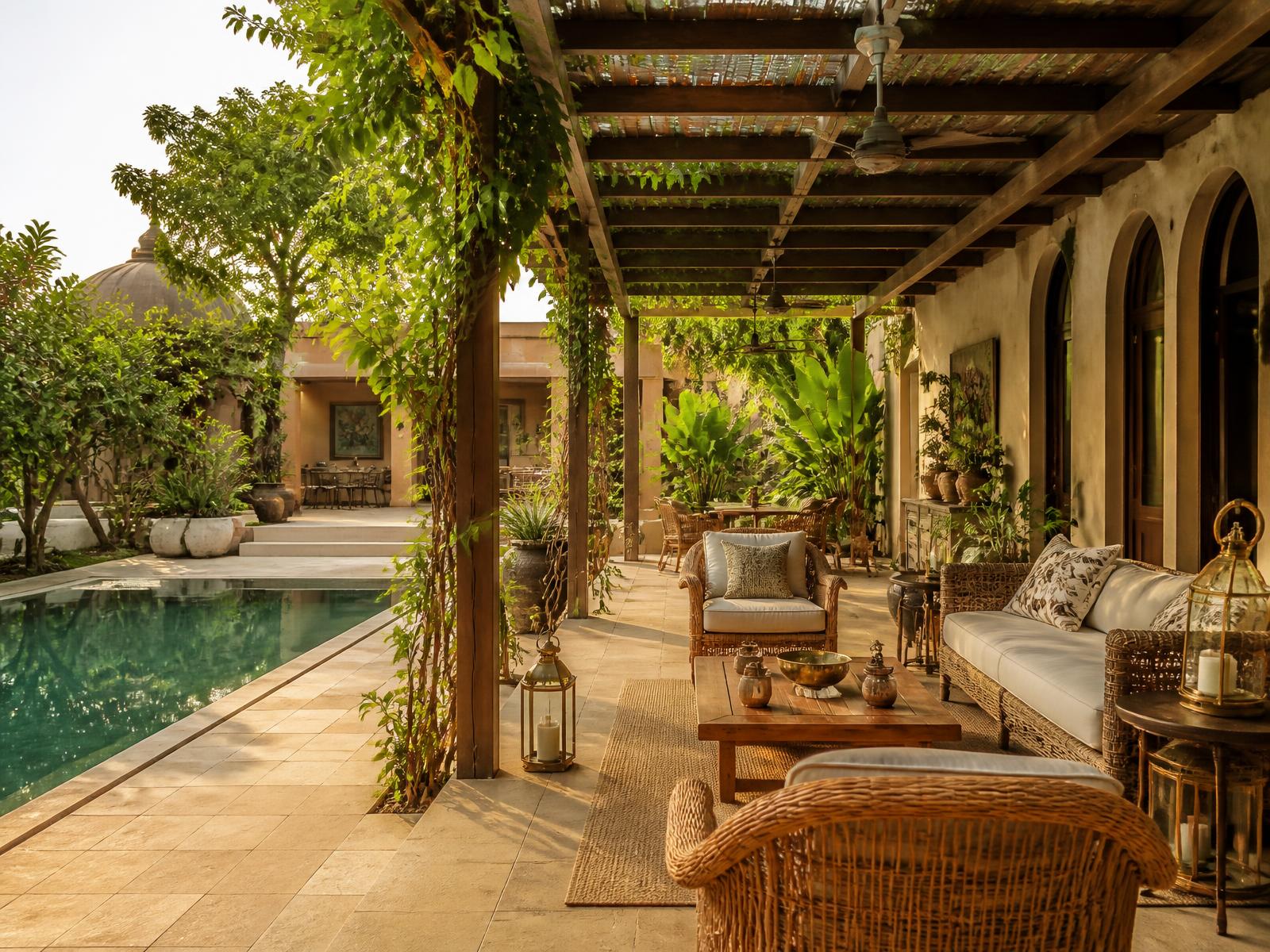 Poolside patio with pergola, fire feature and lounge seating at dusk