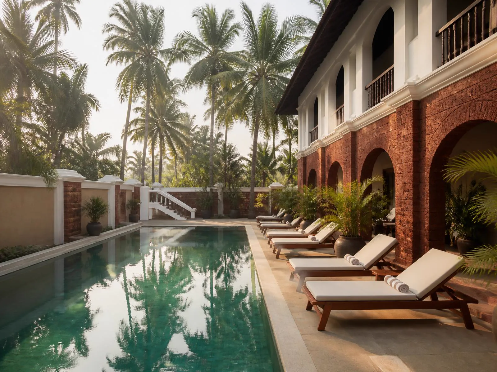 Luxury resort swimming pool at sunset