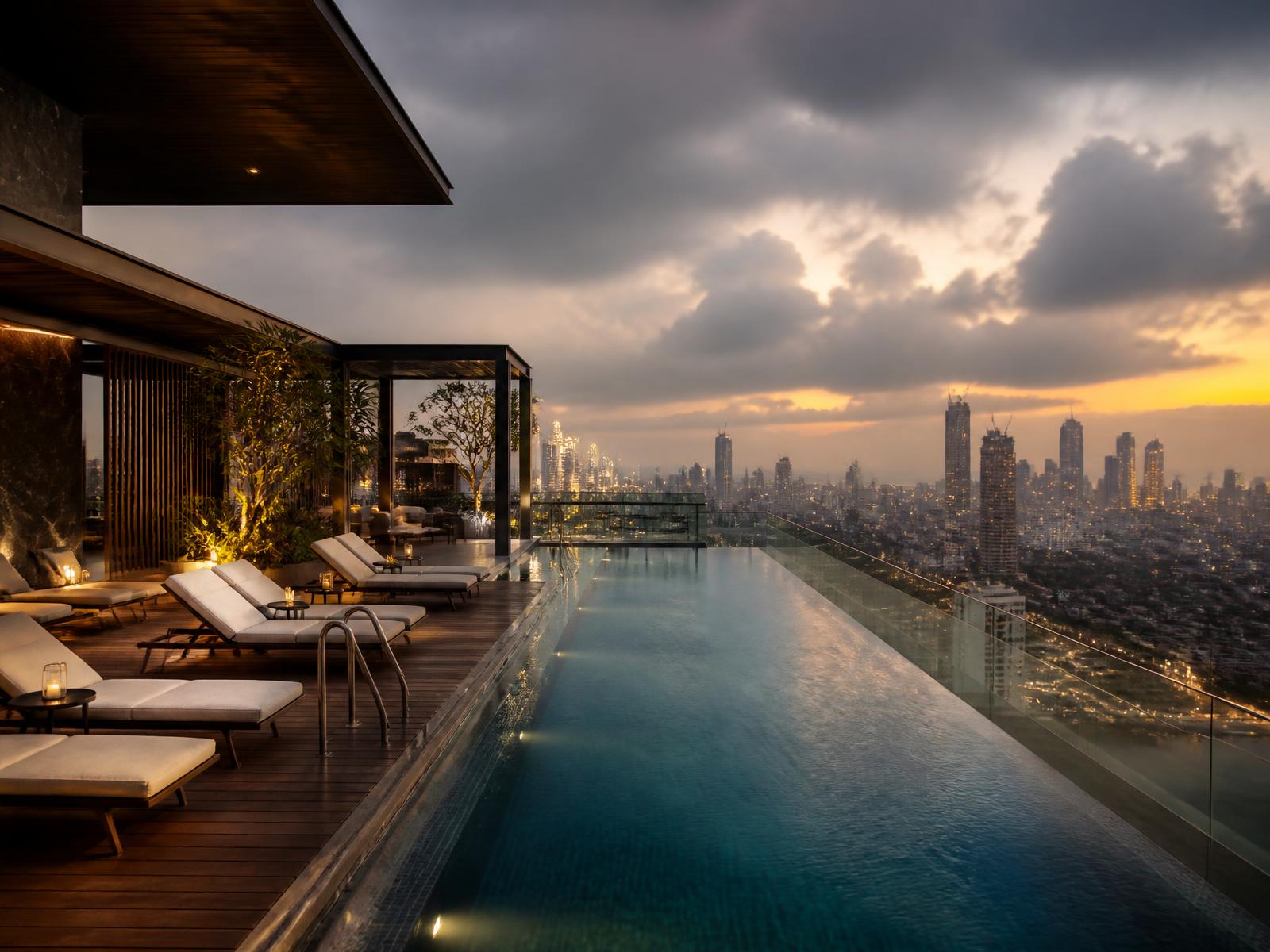 Rooftop infinity pool above a city skyline at dusk