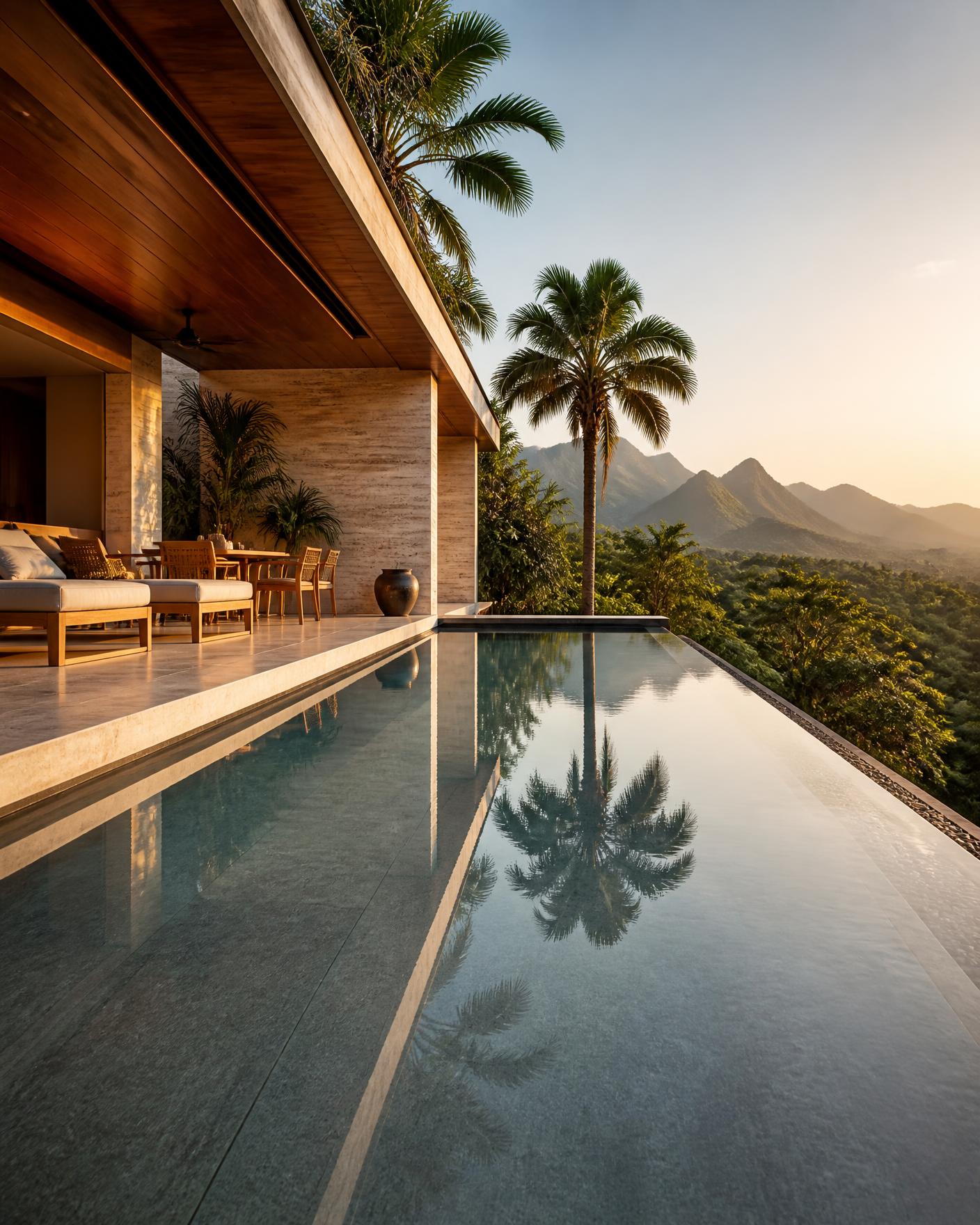 Modern stone villa with a rectilinear swimming pool reflecting the architecture